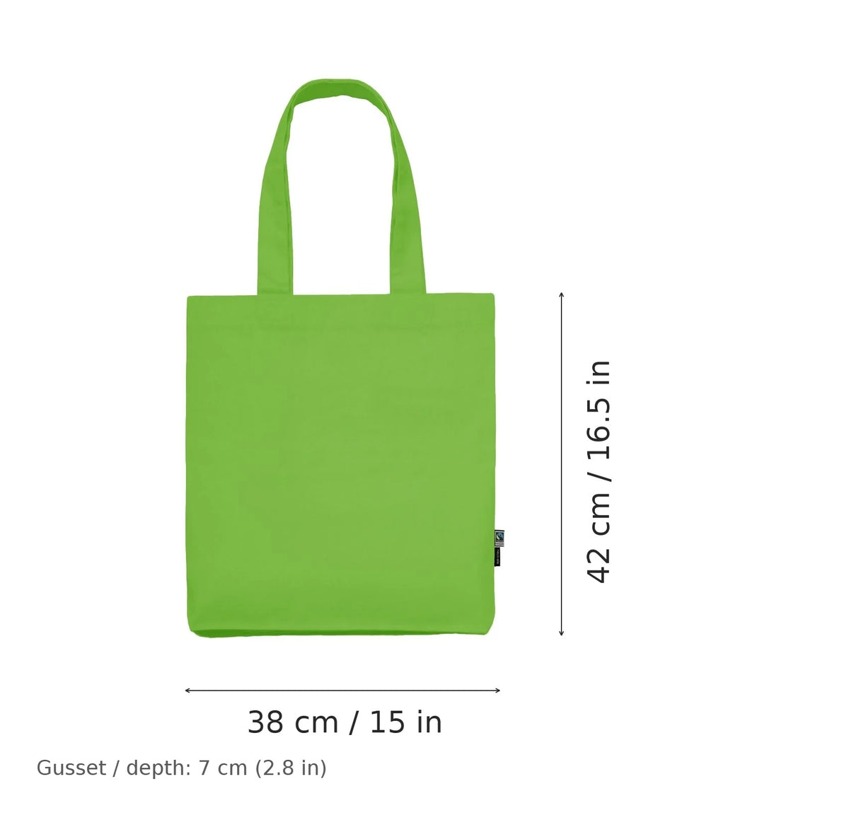 Lime green Fairtrade organic twill cotton tote bag with logo print, 210 g/m², 38 × 42 cm with 7 cm gusset, shown with width and height measurement markings