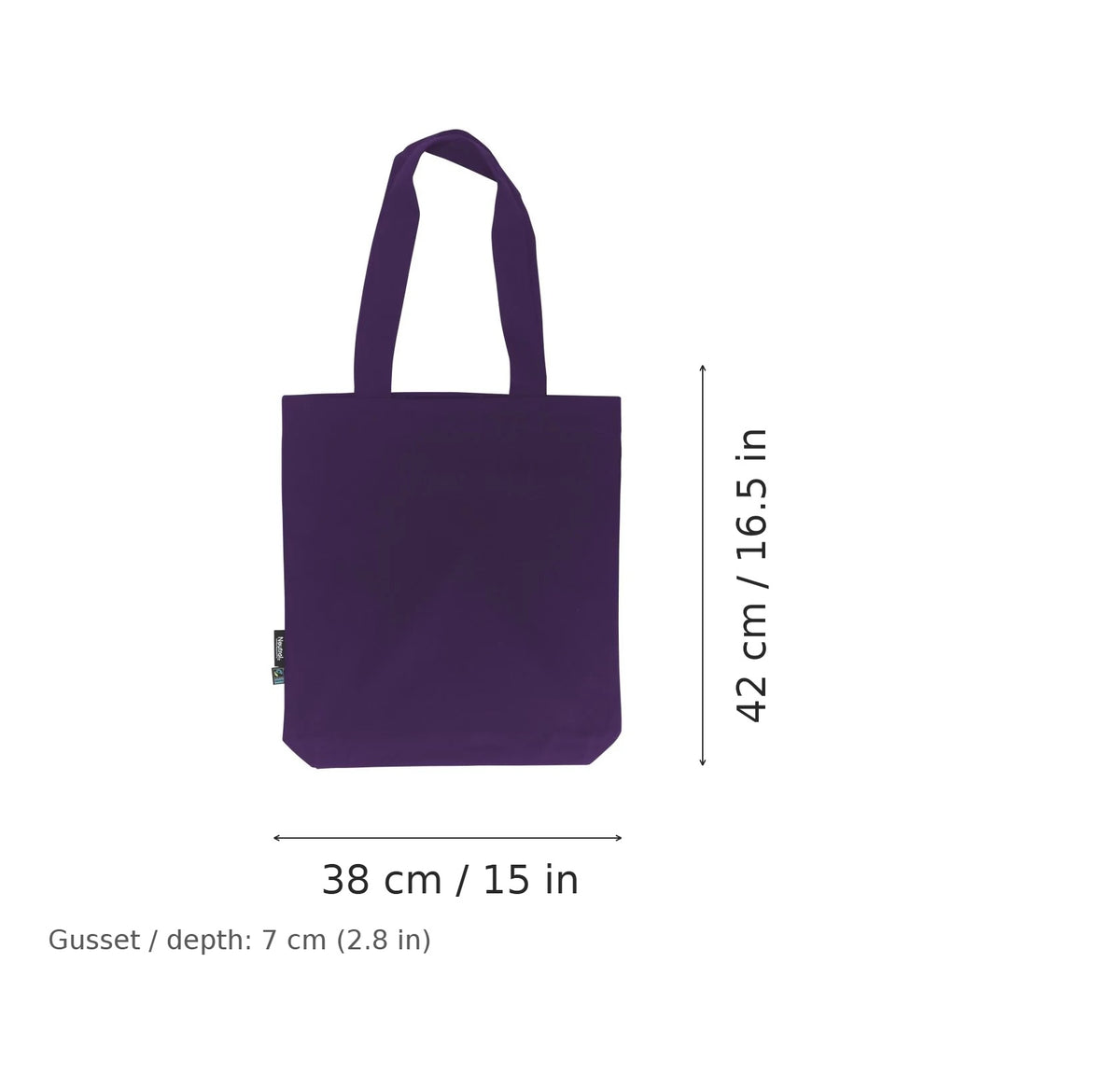 Purple Fairtrade organic twill cotton tote bag with logo print, 210 g/m², 38 × 42 cm with 7 cm gusset, shown with width and height measurement markings