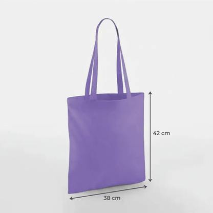 Violett tygkasse i bomull med långa handtag och eget tryck, 38 × 42 cm, med höjd- och breddmått utmärkta