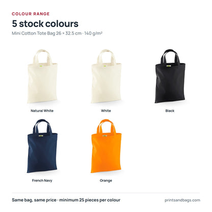 Los 5 colores disponibles de la mini bolsa de tela de algodón de 26 × 32,5 cm con logotipo estampado, 140 g/m²