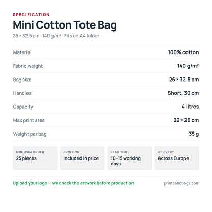 Especificaciones de la mini bolsa de tela de algodón de 26 × 32,5 cm: 100% algodón, 140 g/m², 4 litros, asas cortas de 30 cm, área de estampación 22 × 26 cm