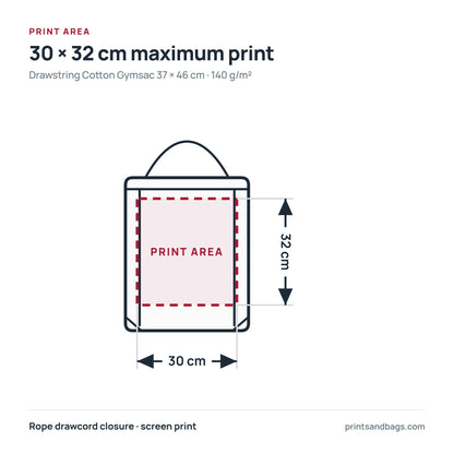 Diagram över den maximala tryckytan på 30 × 32 cm på en gympapåse i bomull med dragsko, 37 × 46 cm