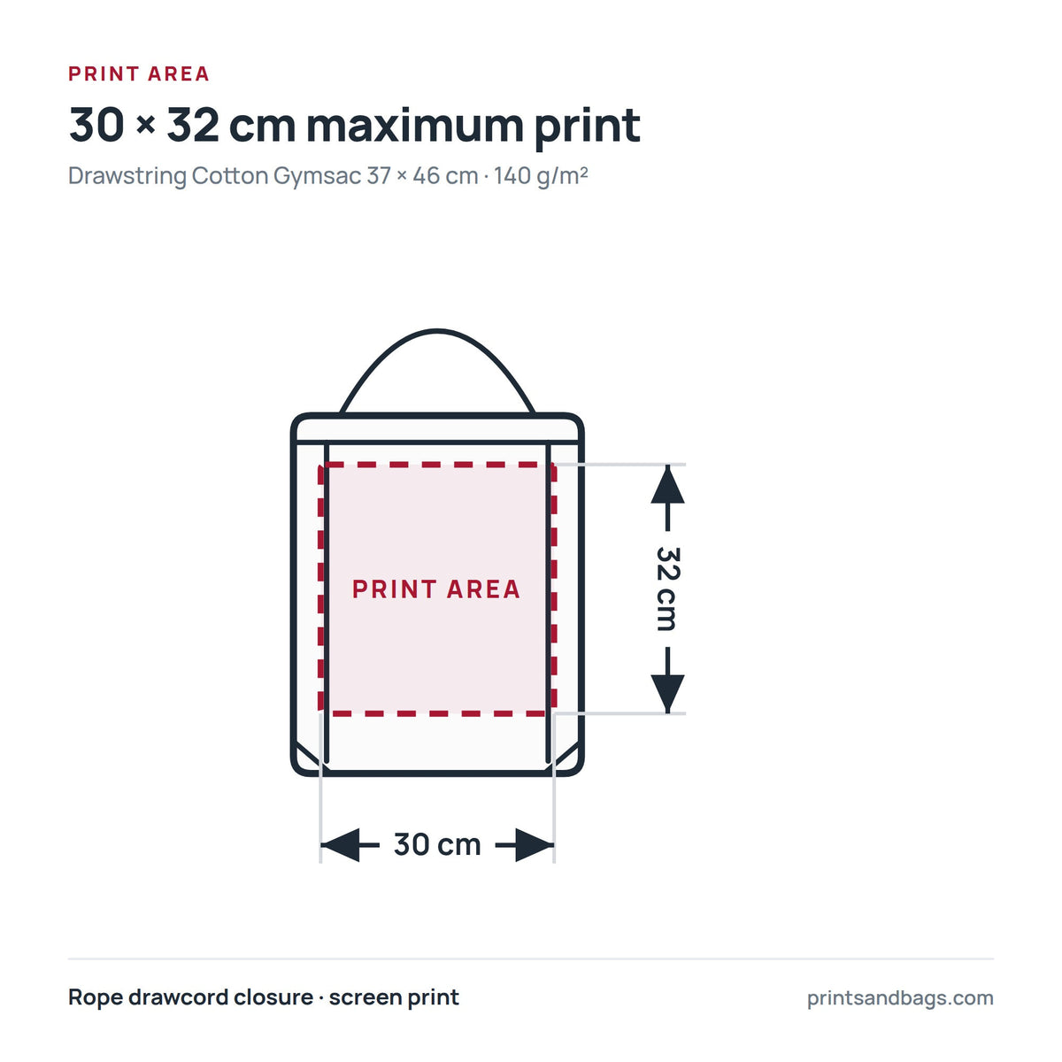 Schéma de la zone d'impression maximale de 30 × 32 cm sur un sac à cordon en coton de 37 × 46 cm