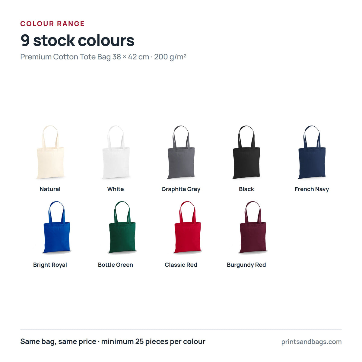 Tutti i 9 colori disponibili della borsa in tela di cotone premium 38 × 42 cm con stampa del logo, 200 g/m²