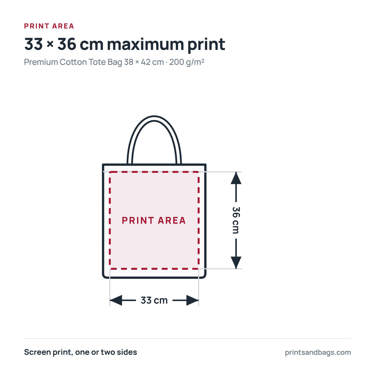 Esquema del área de estampación máxima de 33 × 36 cm en una bolsa de tela de algodón premium de 38 × 42 cm, 200 g/m²