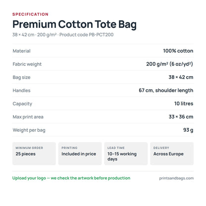 Specifikation för tygkassen, 38 × 42 cm: 100 % bomull, 200 g/m², 10 liter, 67 cm handtag, tryckyta 33 × 36 cm