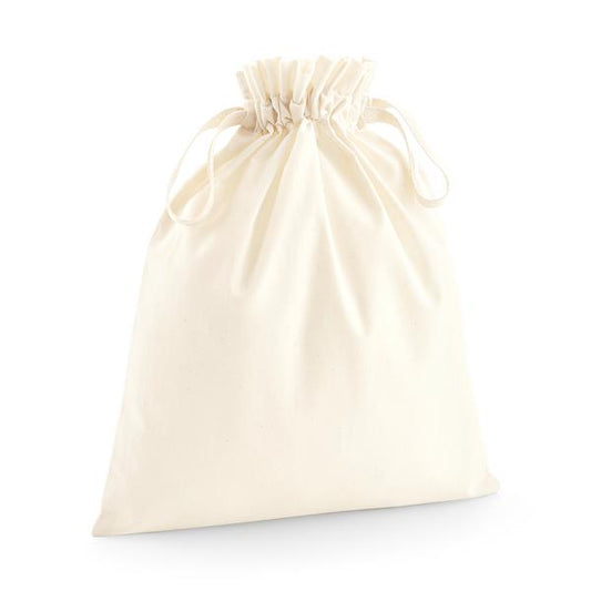 Luonnonvärinen luomupuuvillainen kiristysnyöripussi, samasta kankaasta tehty kaksinkertainen nyöri ja oma painatus, 115 g/m², koko S, 14 × 22 cm