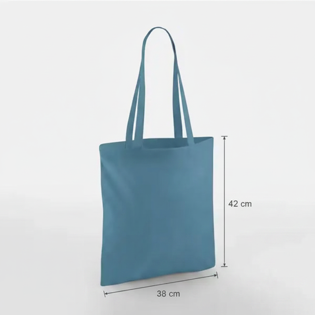 Airforce blue classic cotton tote bag with long handles and custom print, 38 × 42 cm, shown with height and width measurement markings