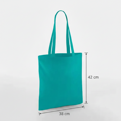 Emerald green classic cotton tote bag with long handles and custom print, 38 × 42 cm, shown with height and width measurement markings