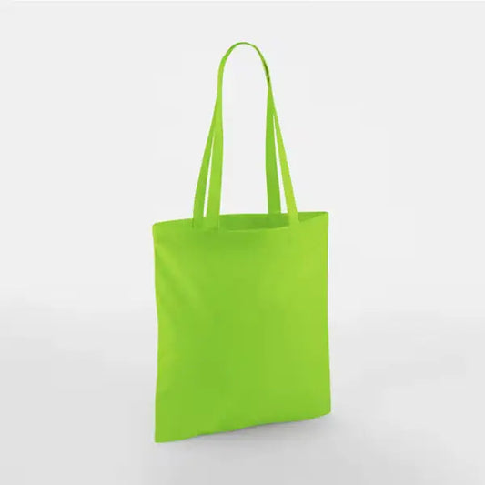 Limenvihreä klassinen puuvillainen kangaskassi pitkillä kahvoilla ja omalla logopainatuksella, 140 g/m², 38 × 42 cm