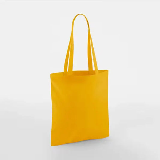 Sinapinkeltainen klassinen puuvillainen kangaskassi pitkillä kahvoilla ja omalla logopainatuksella, 140 g/m², 38 × 42 cm