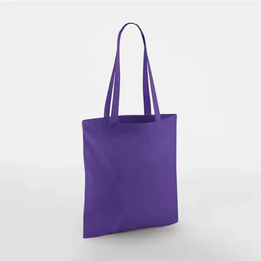 Violetti klassinen puuvillainen kangaskassi pitkillä kahvoilla ja omalla logopainatuksella, 140 g/m², 38 × 42 cm