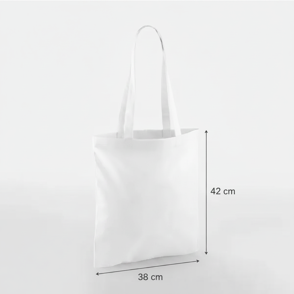 White classic cotton tote bag with long handles and custom print, 38 × 42 cm, shown with height and width measurement markings