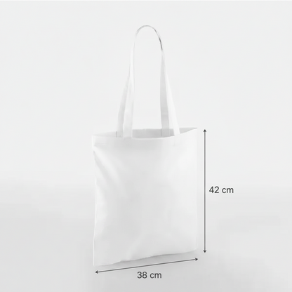 White classic cotton tote bag with long handles and custom print, 38 × 42 cm, shown with height and width measurement markings