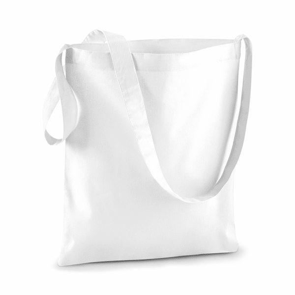 Hvid bomuldsmulepose med skulderrem og tryk, 140 g/m²