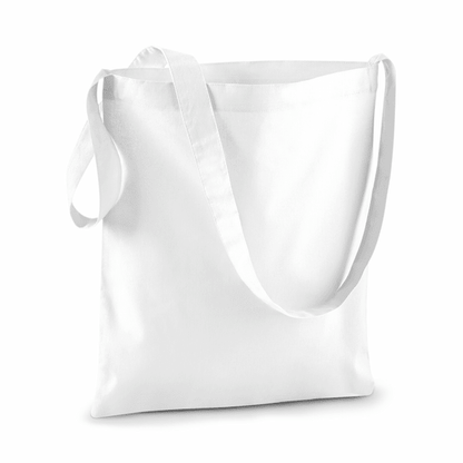 Hvid bomuldsmulepose med skulderrem og tryk, 140 g/m²