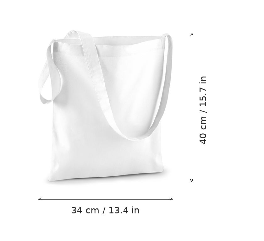 Hvid bomuldsmulepose med skulderrem og tryk, 140 g/m², 34 × 40 cm, vist med mål for bredde og højde