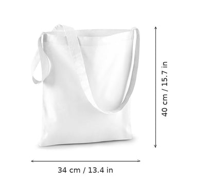Hvid bomuldsmulepose med skulderrem og tryk, 140 g/m², 34 × 40 cm, vist med mål for bredde og højde