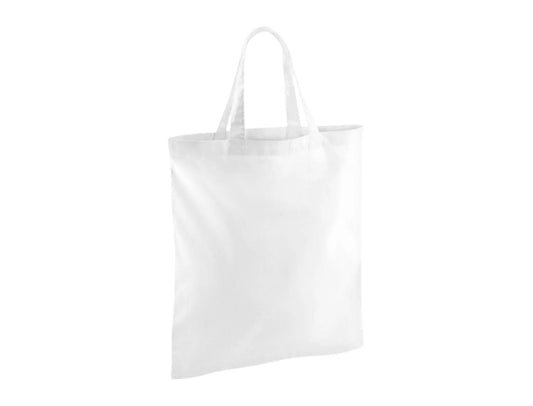 Valkoinen puuvillakassi lyhyillä kahvoilla ja logopainatuksella (140 g/m², 38×42 cm)