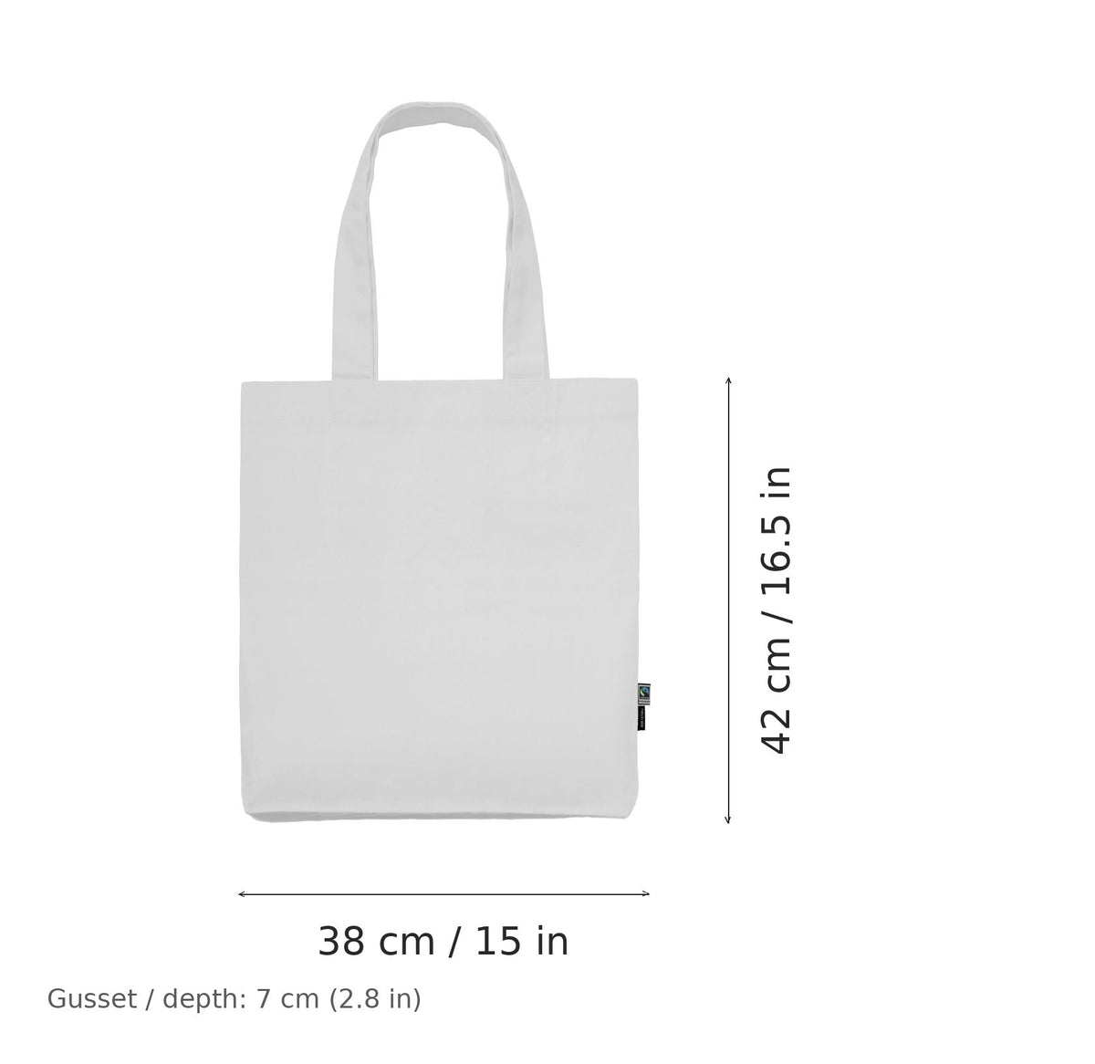 White Fairtrade organic twill cotton tote bag with logo print, 210 g/m², 38 × 42 cm with 7 cm gusset, shown with width and height measurement markings