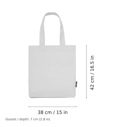 White Fairtrade organic twill cotton tote bag with logo print, 210 g/m², 38 × 42 cm with 7 cm gusset, shown with width and height measurement markings