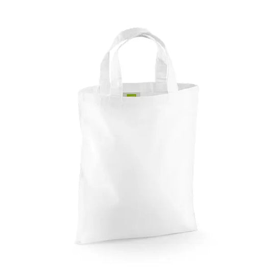 Valkoinen mini puuvillakassi omalla logopainatuksella, 140 g/m², 26 × 32,5 cm