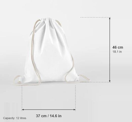 Luomupuuvillainen kiristysnyöripussi, väri Valkoinen, 140 g/m², mitat: leveys 37 cm, korkeus 46 cm, tilavuus 12 litraa