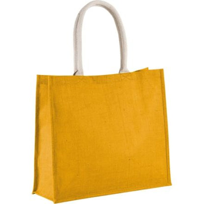 Keltainen juuttirantakassi omalla painatuksella, 42 × 35 cm, 330 g/m², puuvillakahvat