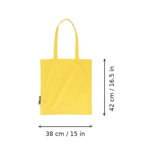 Keltainen kevyt kangaskassi luomupuuvillasta logopainatuksella, 120 g/m², 38 × 42 cm, mittakuvassa leveys ja korkeus