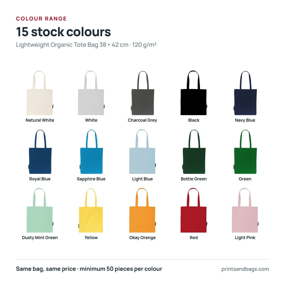 All 15 stock colours of the 38 × 42 cm lightweight organic cotton tote bag with logo print, 120 g/m²